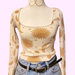 Forever 21 Cream and Brown Celestial Print Long Sleeve Top